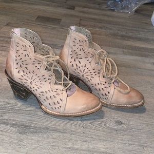 Miss Macie waiting on Friday leather laser cute leather lace up stacked booties